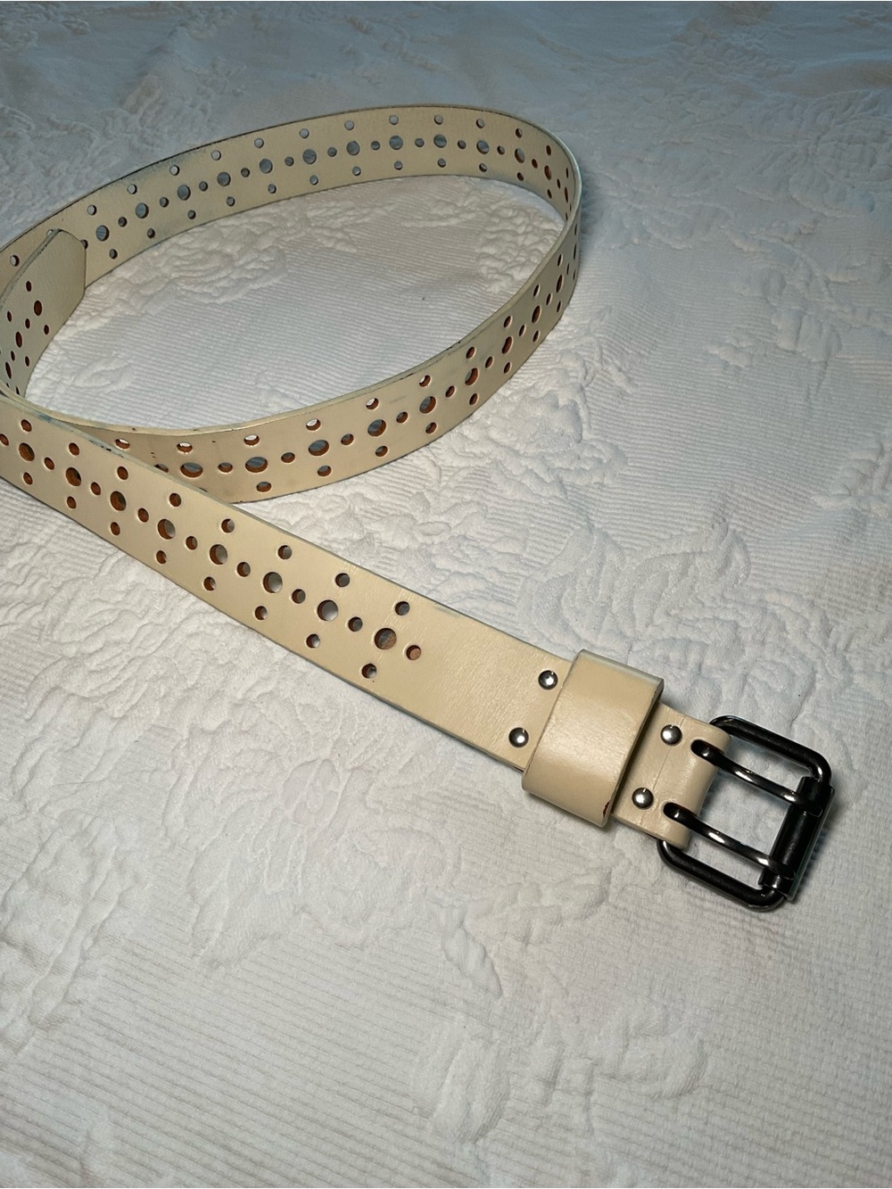 CAbi Cream Perforated Leather Belt with Black Buckle